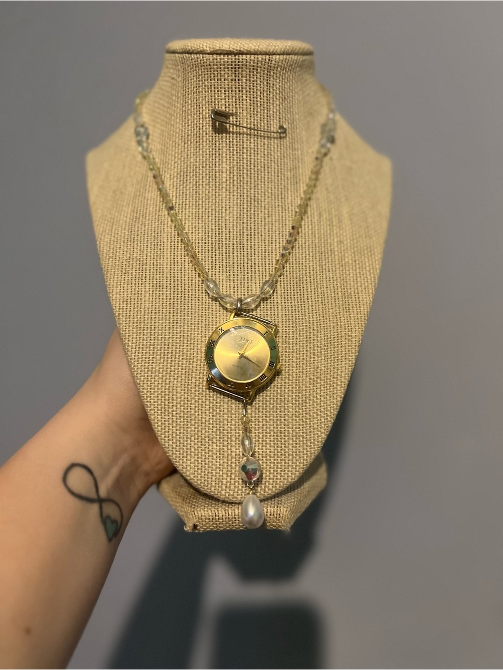 Handmade Up Cycled Gold-Tone Watch Pendant Necklace with Pearl & AB Beads